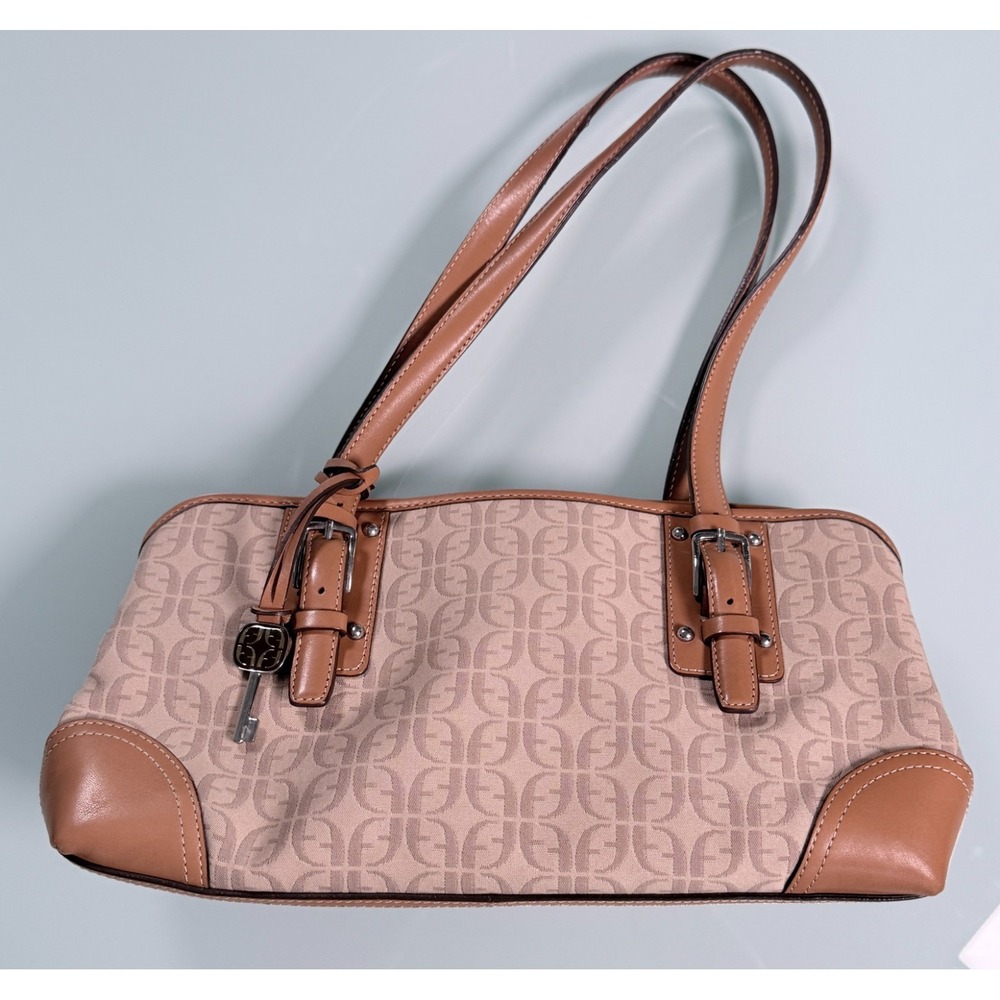 Fossil Monogram Shoulder Satchel Tan Canvas Leather Trim Key Charm GrandmaCore